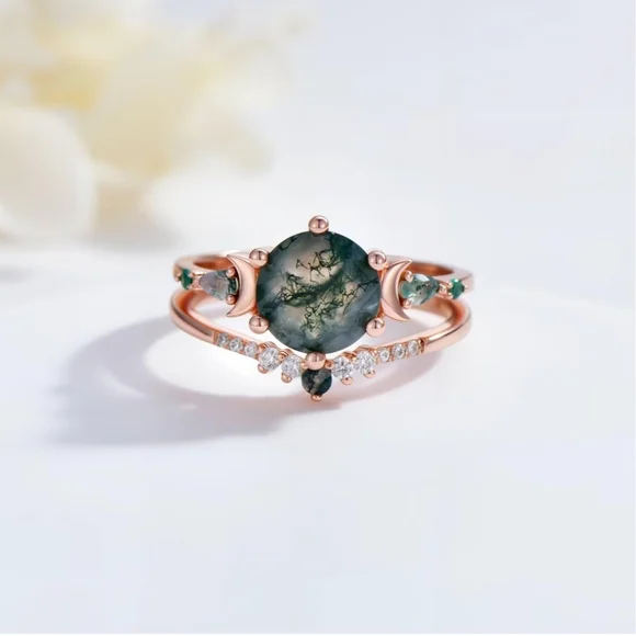 Natural Moss Agate Engagement Ring Set 925 Sterling silver - Picture 4 of 8